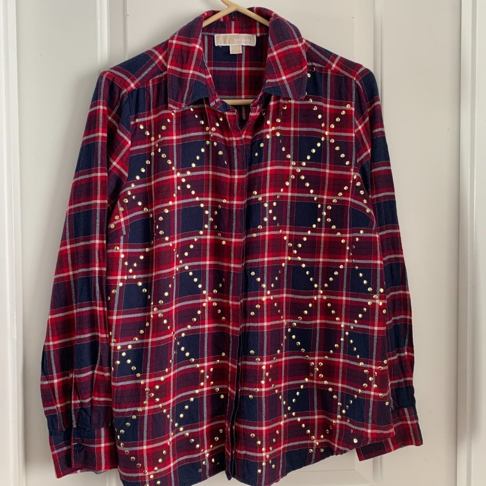 Michael Kors Plaid Long Sleeve Studded Shirt
